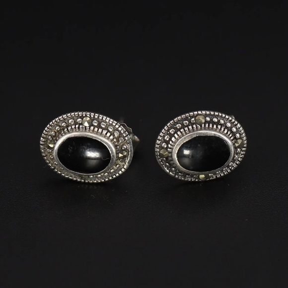 Onyx Marcasite Sterling Silver Post Stud Earrings - Picture 2 of 7